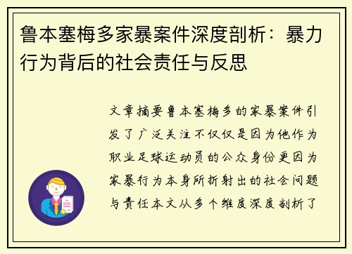鲁本塞梅多家暴案件深度剖析：暴力行为背后的社会责任与反思