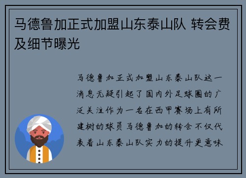马德鲁加正式加盟山东泰山队 转会费及细节曝光 马德鲁加正式加盟山东泰山队 转会费及细节曝光
