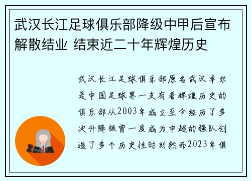 武汉长江足球俱乐部降级中甲后宣布解散结业 结束近二十年辉煌历史